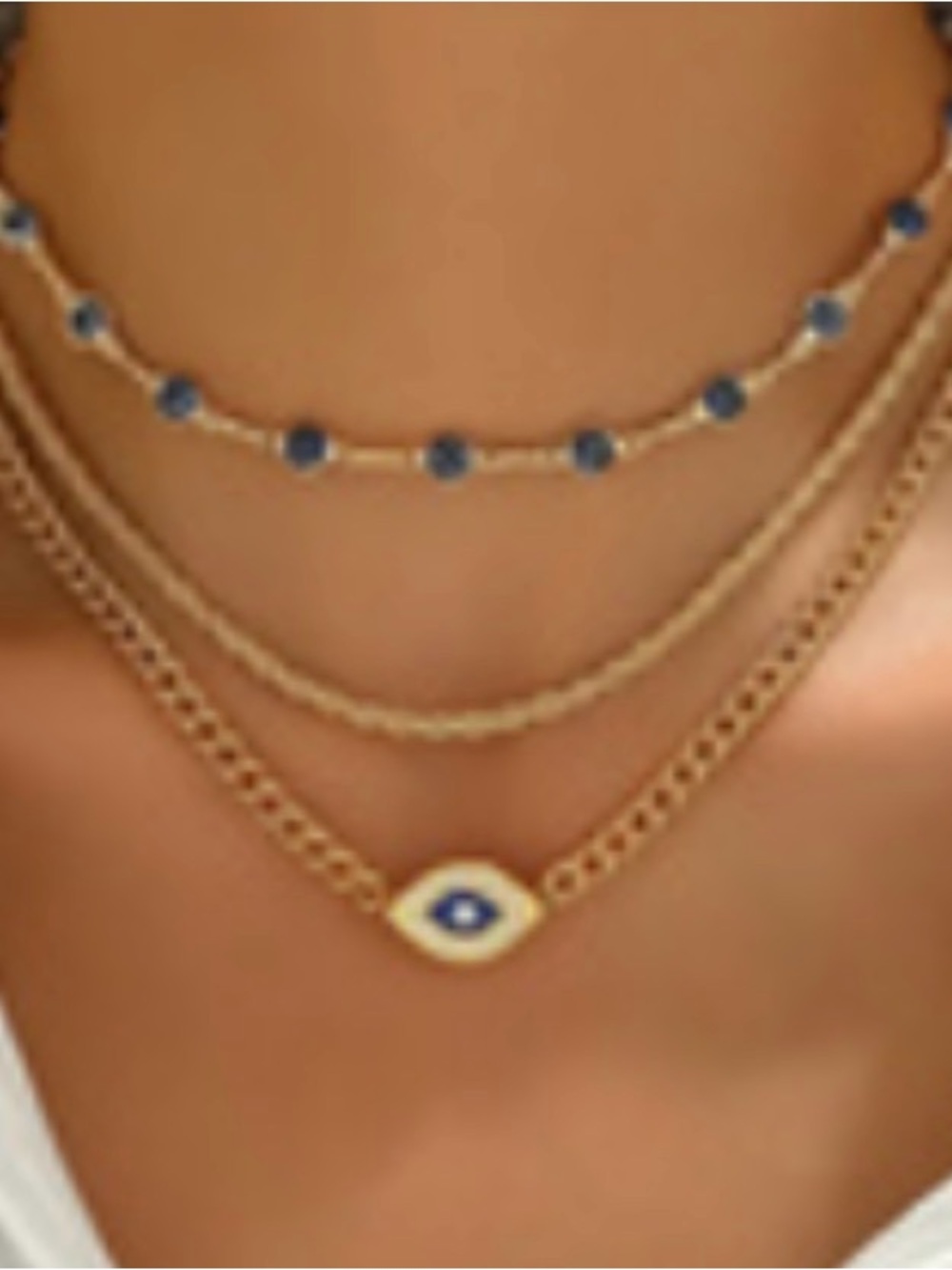 Gold Layered Necklace Set with Blue Beads and Evil Eye Pendant